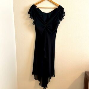 Black Dress V-neck Rhinestone on back, below knee front, v in the back longer